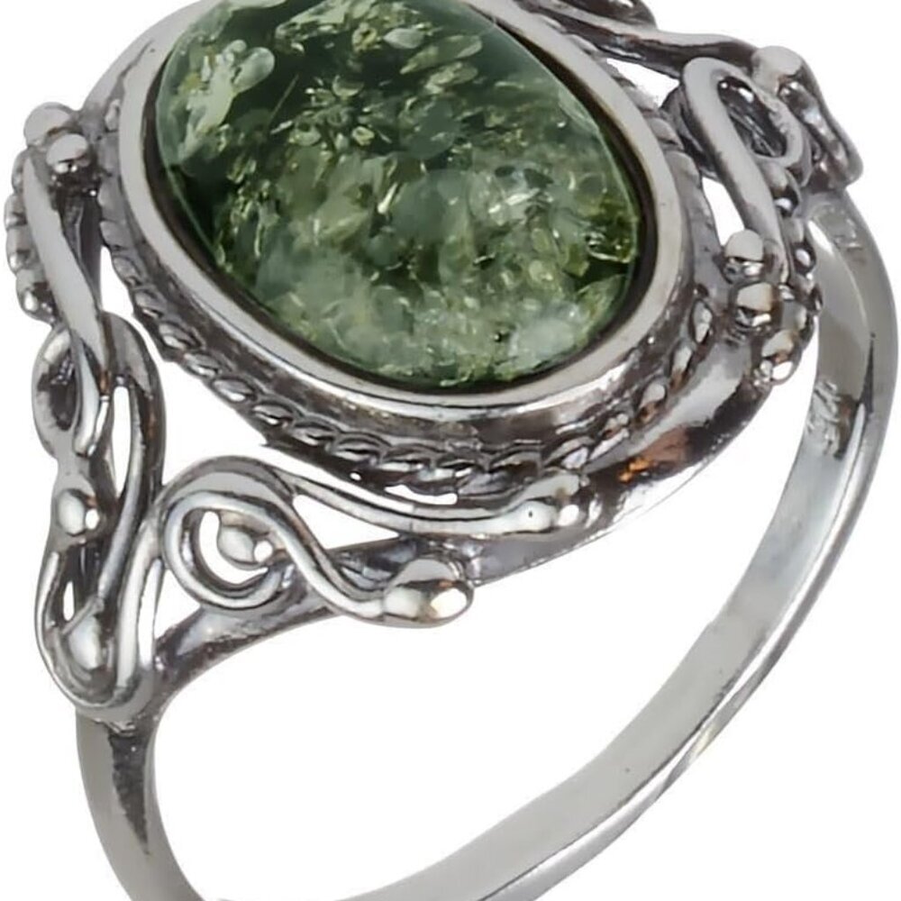 Sterling Silver and Baltic Green Amber Ring Georgine - GIA Certified